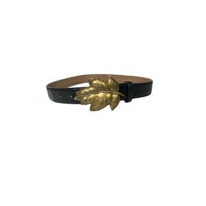 Talbots Leather Belt Italy Bronze Leaf Buckle Croc Embossed Black SZ M 6021